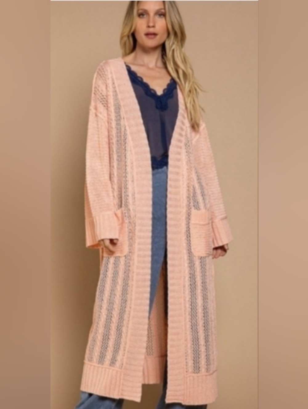 POL Long Open Cardigan Sweater Distressed Maxi Duster w Pockets